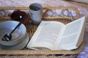 Breakfast tray and book